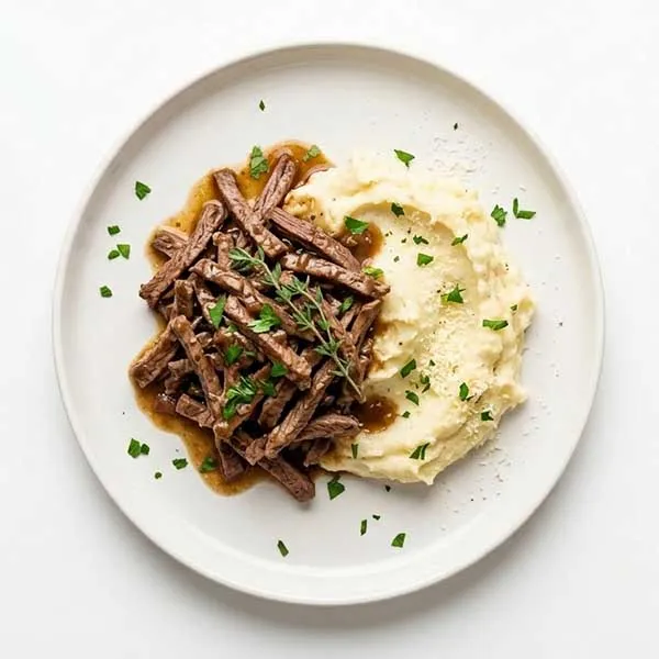 Braised beef loin with parmesan mash